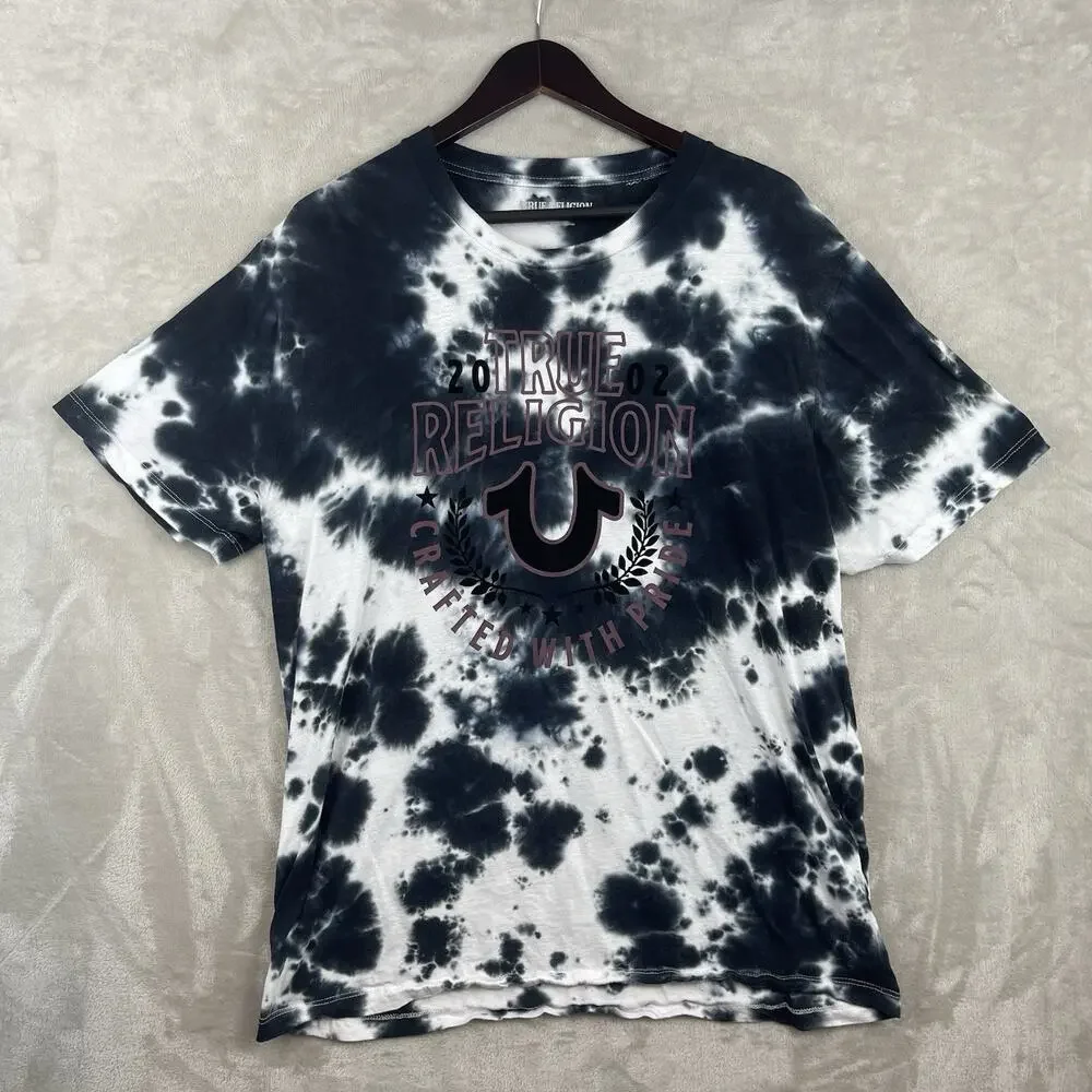 True Religion Tie Dye Black Velour Horseshoe T Shirt Men's 2XL Y2K Streetwear